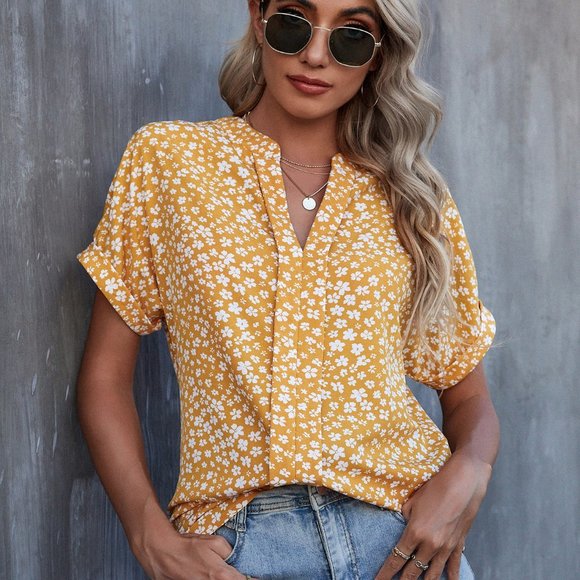 Tops - New Floral Print Batwing Sleeve Blouse Yellow